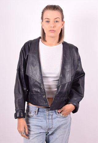 WOMENS VINTAGE LEATHER JACKET MEDIUM BLACK 90'S