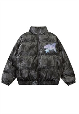Shiny faux leather jacket tie-dye bomber winter puffer grey