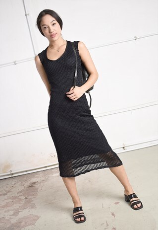 VINTAGE 90S RETRO PARIS CHIC MIDI DRESS IN BLACK CROCHET