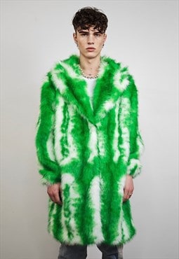 Green tie-dye coat faux fur neon shaggy acid trench jacket