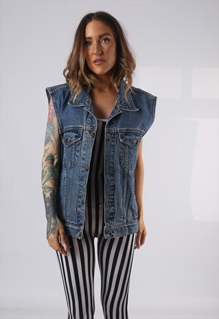 VINTAGE DENIM WAISTCOAT JACKET OVERSIZED FITTED UK 14 (AD1B)