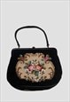 VINTAGE LADIES 50'S BAG BLACK TAPESTRY FLORAL HAND HELD