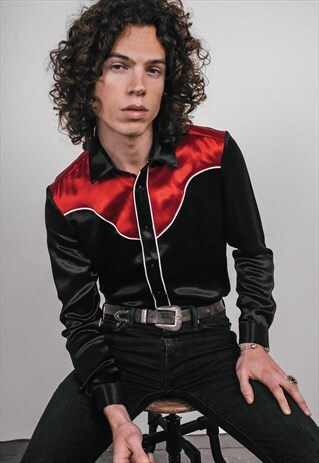 MENS BLACK/RED WESTERN SKULL BUTTON SATIN SHIRT