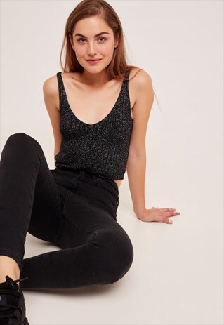 RIBBED CROP TOP IN LUREX - BLACK