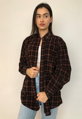 VINTAGE NAUTICA BROWN PLAID CHECK CORD TOP CORDUROY SHIRT