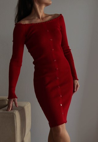 DEADSTOCK RED OFF SHOULDER RIBBED KNIT DRESS