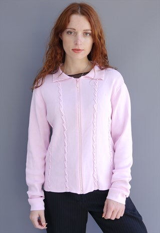 VINTAGE 90S Y2K PINK RHINESTONE ZIP CARDIGAN