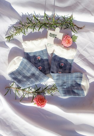 Blue Plaid Floral Socks