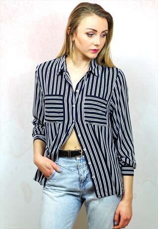 1990S VINTAGE WHITE AND BLUE STRIPED VISCOSE BLOUSE