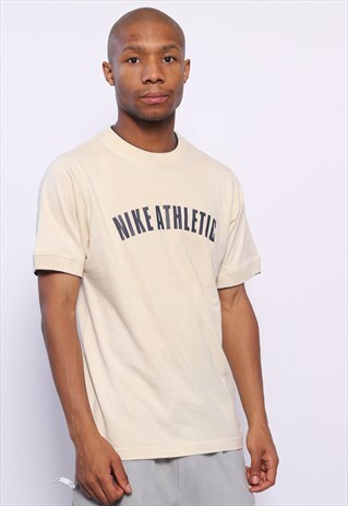 VINTAGE NIKE ATHLETIC BIG LOGO SPELLOUT T-SHIRT BEIGE