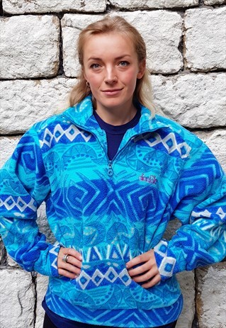 VINTAGE DIADORA PATTERNED WAVY 1/4 ZIP FLEECE BLUE SMALL