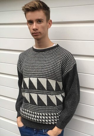 MENS VINTAGE 80S JUMPER CREAM GREY AZTEC PATTERNED SWEATER