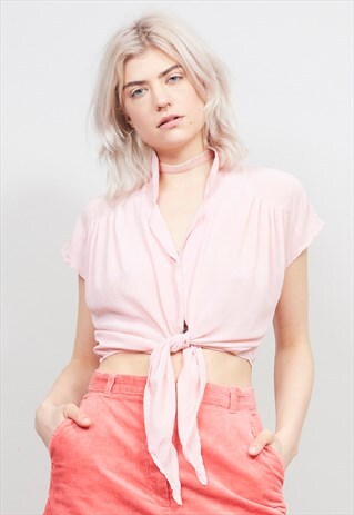 VINTAGE 80'S SHEER PINK CROPPED TIE UP BLOUSE