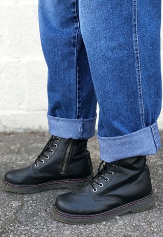 DEMONIA BLACK MID CALF LACE UP BOOTS