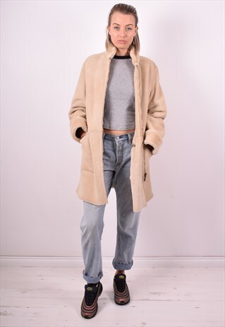 WOMENS VINTAGE LEATHER COAT LARGE BEIGE 90'S