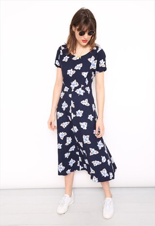 VINTAGE 90S BLUE FLORAL PRINT MIDI DRESS