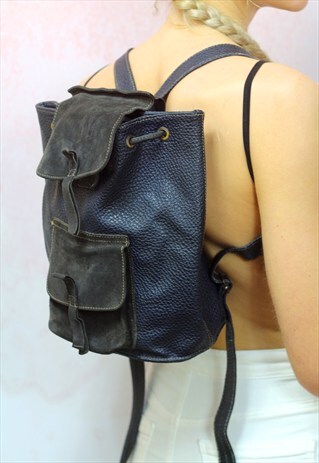 1980S VINTAGE NAVY REAL LEATHER AND BLACK SUEDE BACKPACK