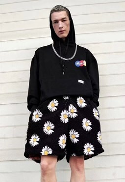 Daisy fleece shorts handmade sunflower overalls in black