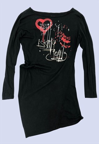 BLACK COTTON NEW YORK GRAPHIC PRINT ASYMMETRIC MINI DRESS