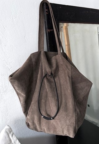 Sepia Brown Suede Large Shoulder Bag 