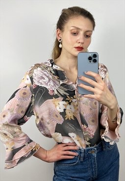 Button Up Floral Chiffon blouse with ruffles