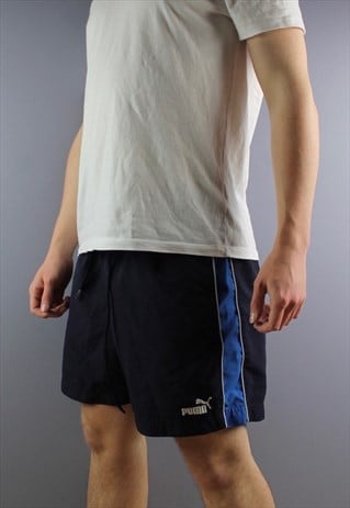 VINTAGE PUMA SHORTS IN NAVY WITH POCKETS, EMBROIDERED LOGO A