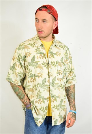 VINTAGE 90S BEIGE GREEN LEAF PRINT FESTIVAL SHIRT