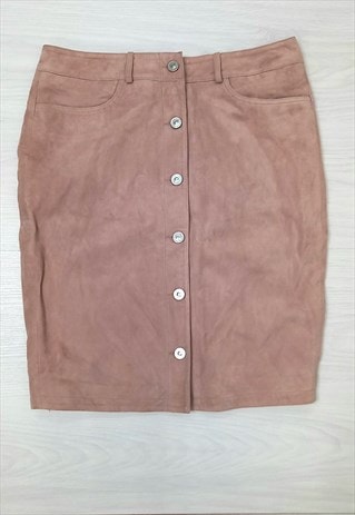 Pencil Skirt Pink Suede Leather Button