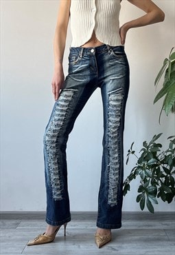 Vintage Y2K 00's Navy Blue Distressed Flared Mid Rise Jeans