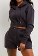 Black Cropped Zipped Hoodie And Short Co-Ords Set