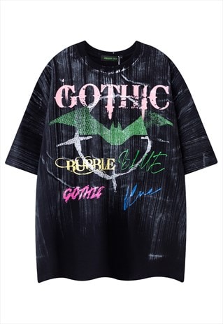 GOTHIC T-SHIRT BAT PRINT TEE ACID WASH PUNK TOP IN BLACK