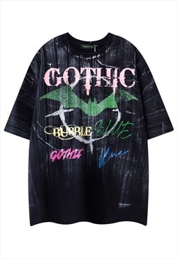 Gothic t-shirt bat print tee acid wash punk top in black