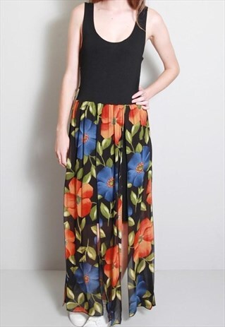 VINTAGE 1980'S BLACK FLORAL PANEL MAXI DRESS