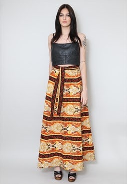 70's Vintage Ladies Skirt Folk Orange Brown Hippy Wrap