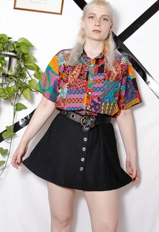 90S GRUNGE Y2K GOTH BUTTON-UP BLACK RIBBED A-LINE MINI SKIRT