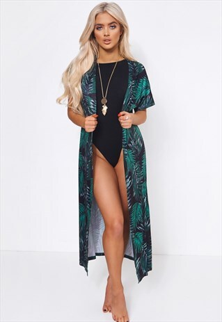 GREEN PALM PRINT KIMONO