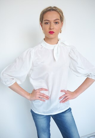 VINTAGE BALLOON SLEEVE HIGH NECK WHITE BLOUSE