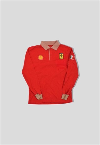 VINTAGE FERRARI SHELL RACING LONG-SLEEVE POLO SHIRT IN RED