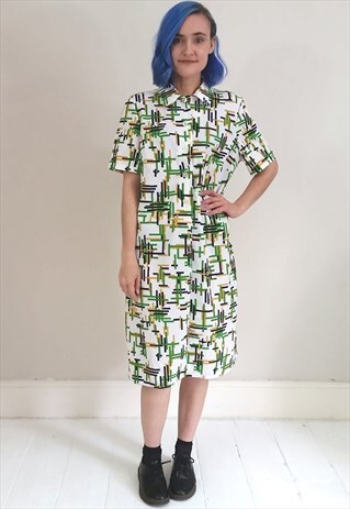 VINTAGE 60'S BUTTON UP GREEN GRAPHIC PRINT DRESS