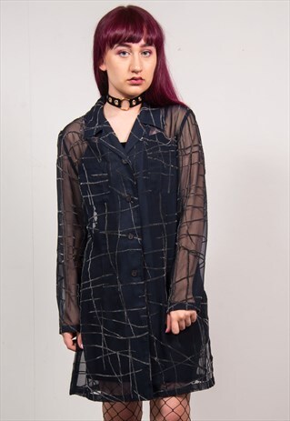 VINTAGE 90'S BLACK SHEER CHECKED SHIRT LONG BLOUSE