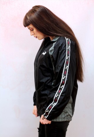 1990S VINTAGE BLACK WITH GREY AND RED WINDBREAKER JACKET
