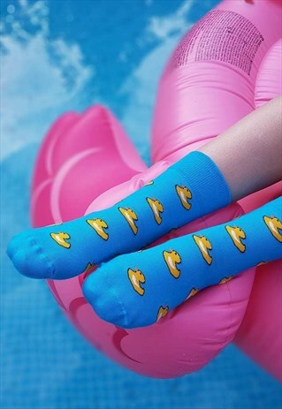 FUNNY TURQUOISE WOMENS AND MENS SOCKS WITH YELLOW DUCK