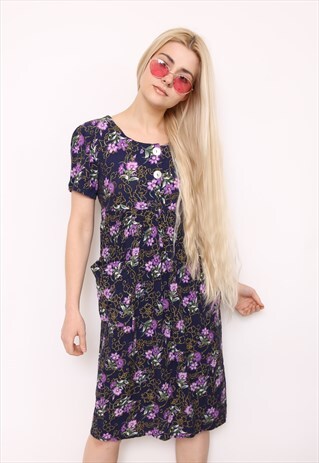 VINTAGE 90S NAVY PURPLE FLORAL PRINT DRESS