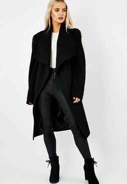Black Large Lapel Waterfall Belted Duster Coat