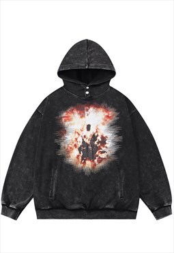 Explosion hoodie flame print pullover fire top in acid black