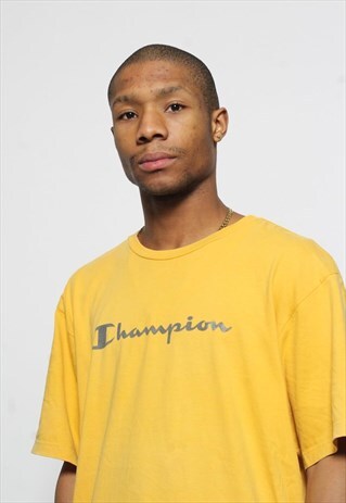 VINTAGE CHAMPION SPELL OUT LOGO T-SHIRT YELLOW