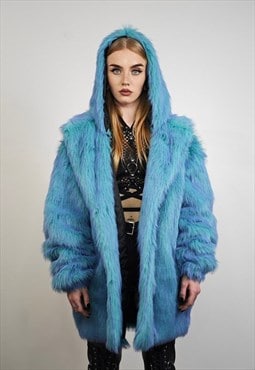 Neon blue faux fur coat luxury trench fluorescent jacket