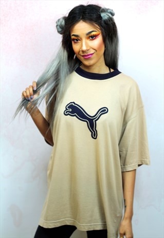 1990S VINTAGE BRANDED BEIGE WITH NAVY BLUE SPORTS T-SHIRT