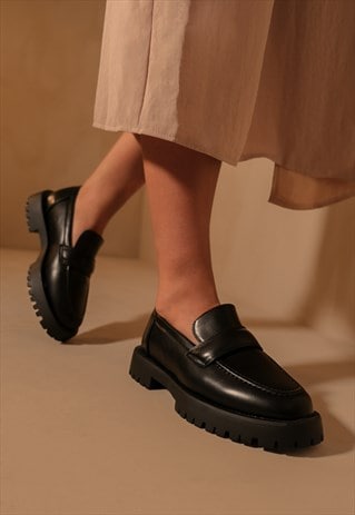 Sage slip on loafer slider in black faux leather