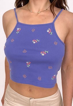 Y2K Purple Flower and Butterfly Embroidered Cami